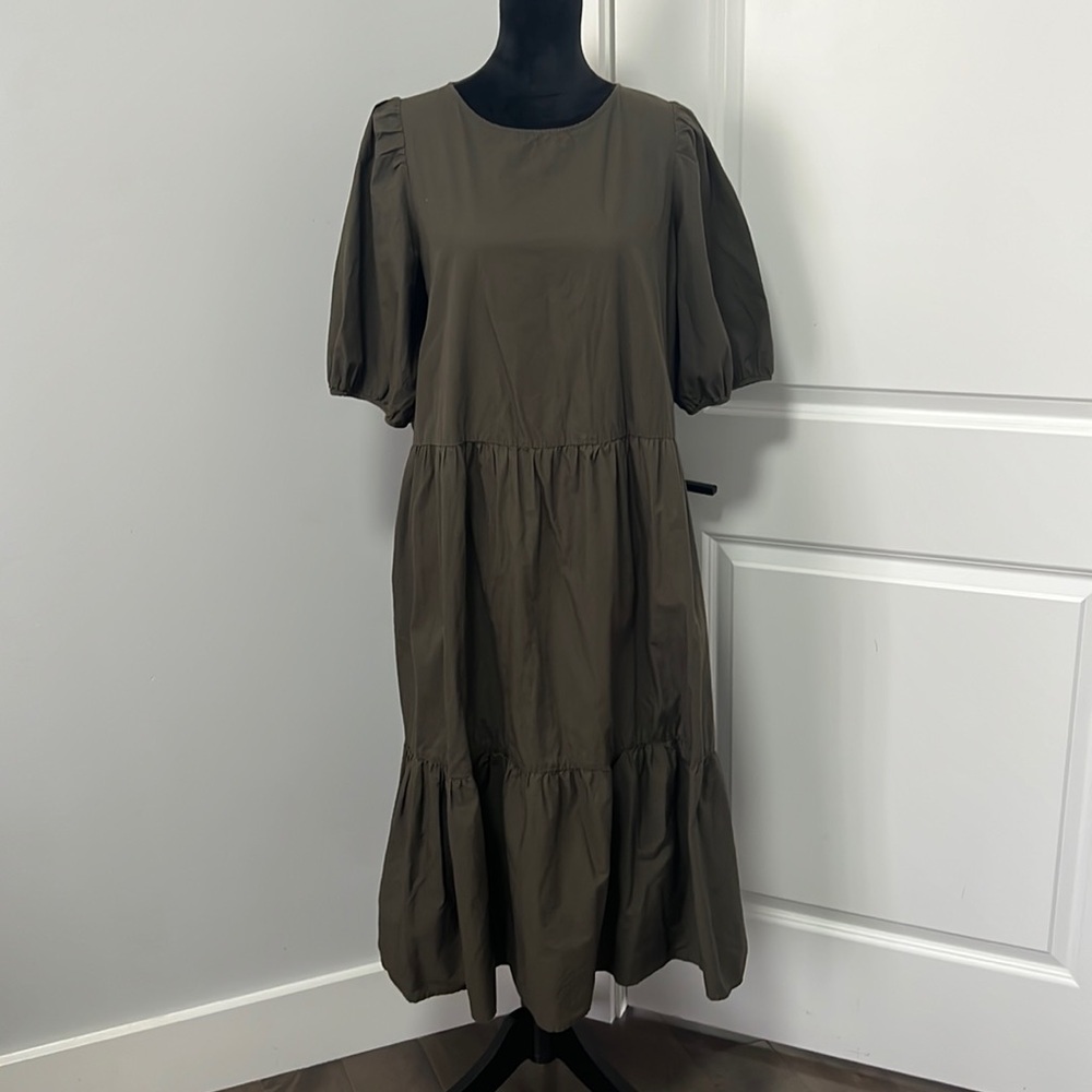 H&M Dark Khaki Green Puff Sleeve Tier MIDI Dress size Medium - Picture 1 of 6